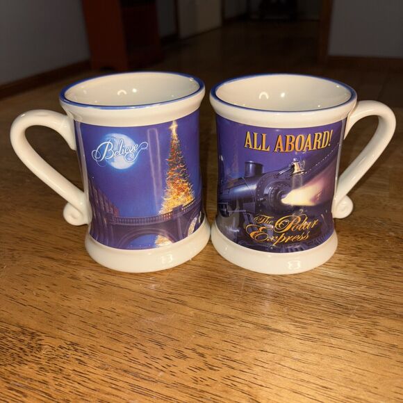 THE POLAR EXPRESS  ALL ABOARD! Believe 3D Train Ride Hot Chocolate Mugs Set Of 2 - Picture 1 of 4